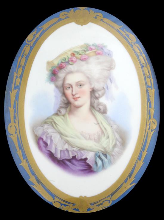 A pair of Sevres style porcelain portrait plaques, late 19th century, height 29cm excl. velvet mounts and gilt frames, overall height 4